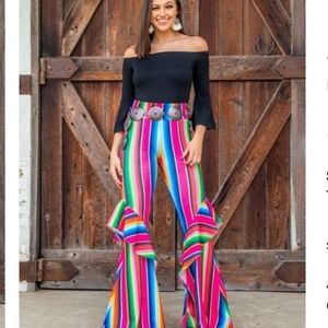 FUCHSIA SERAPE STRETCHY FLARE PANTS W/ RUFFLE